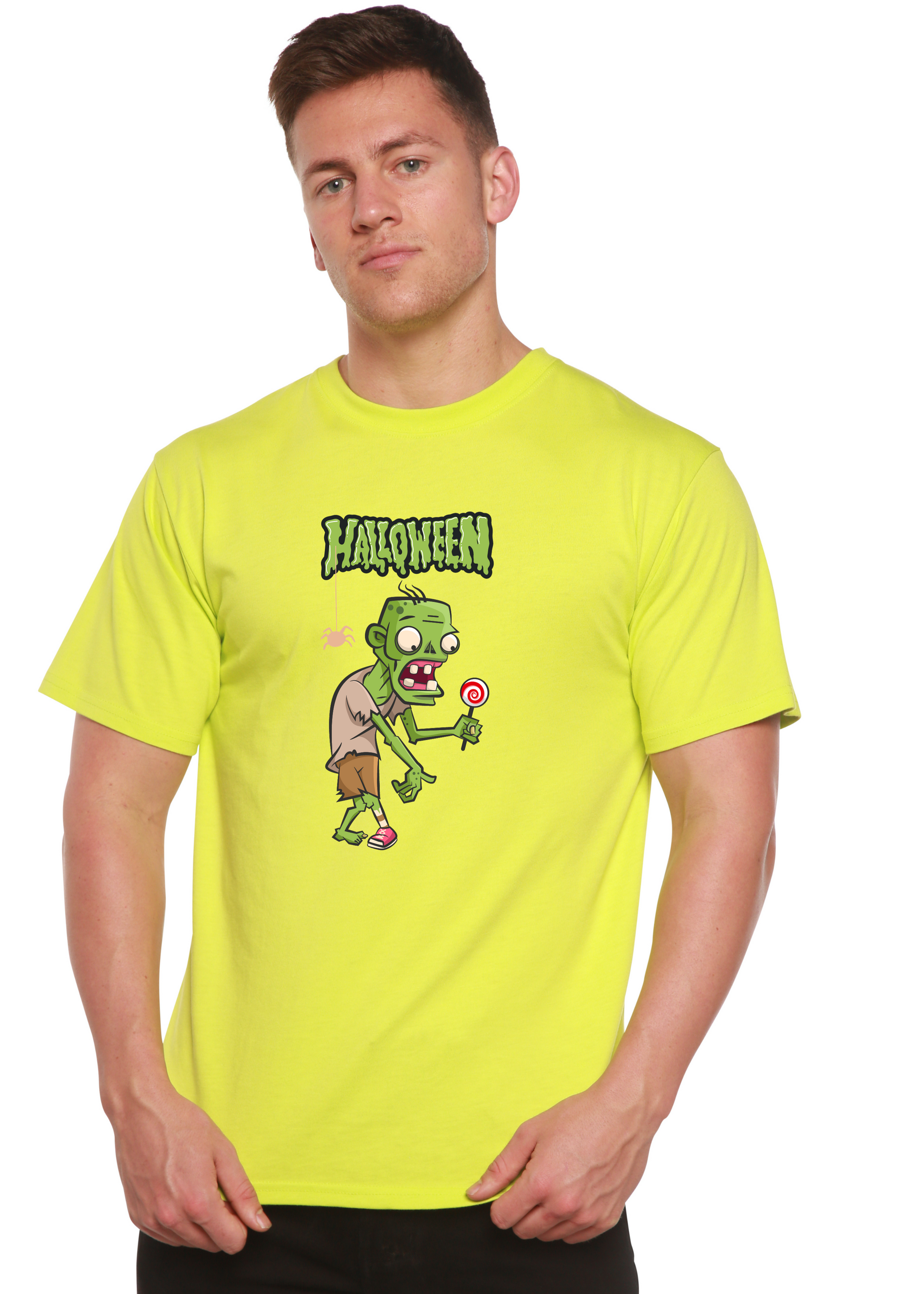 unisex bamboo viscose/organic cotton Halloween green monster T-shirt neon lime cartoon zombie design on Tampa Home & Garden Store