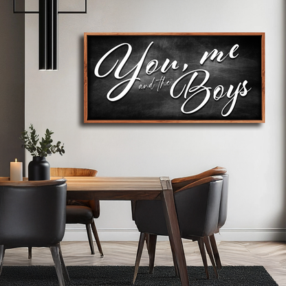 You Me and the Boys Farmhouse Family Sign II canvas with chalkboard background white script on Tampa Home & Garden Store