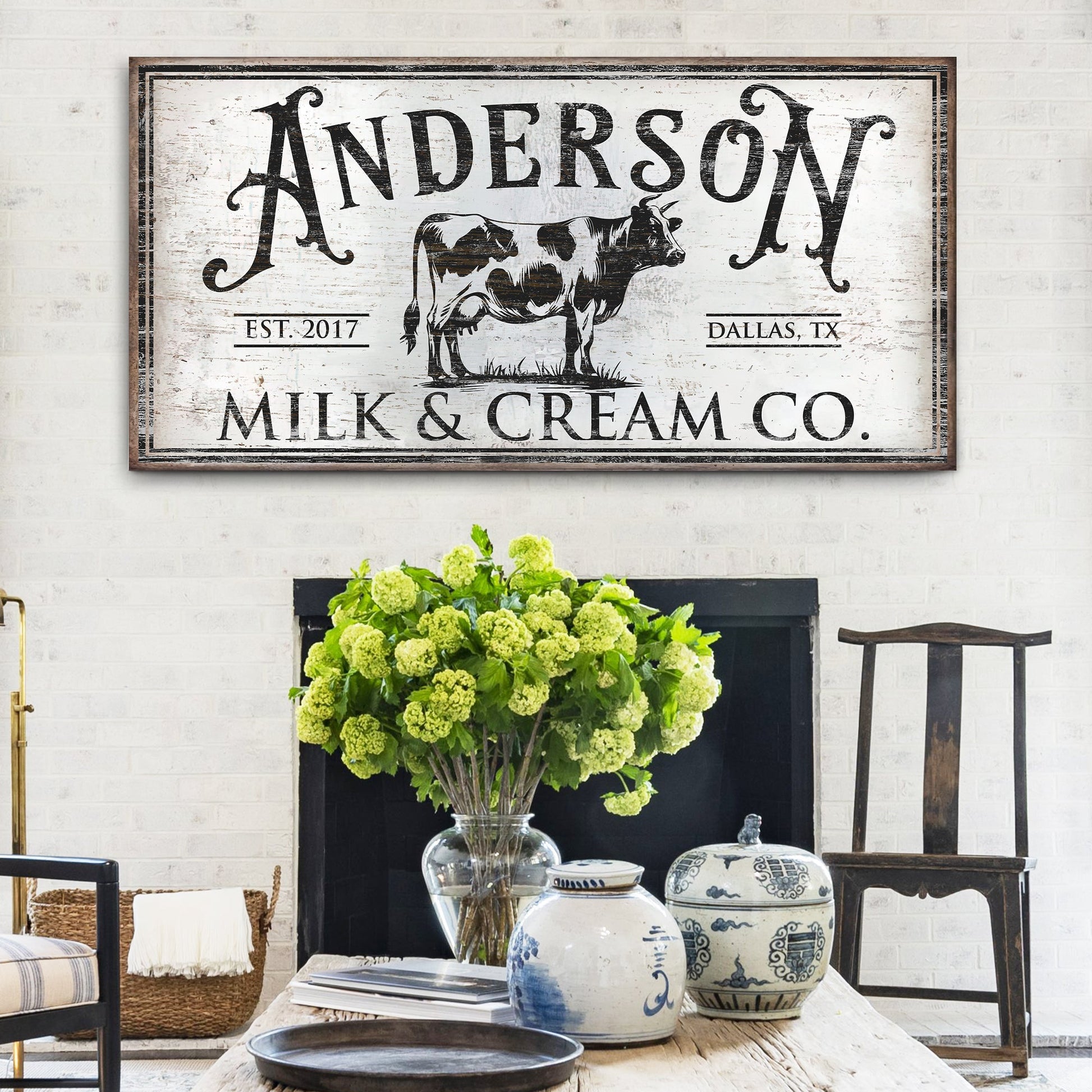 Personalized Milk & Cream Co sign canvas with distressed white background and cow on Tampa Home & Garden Store