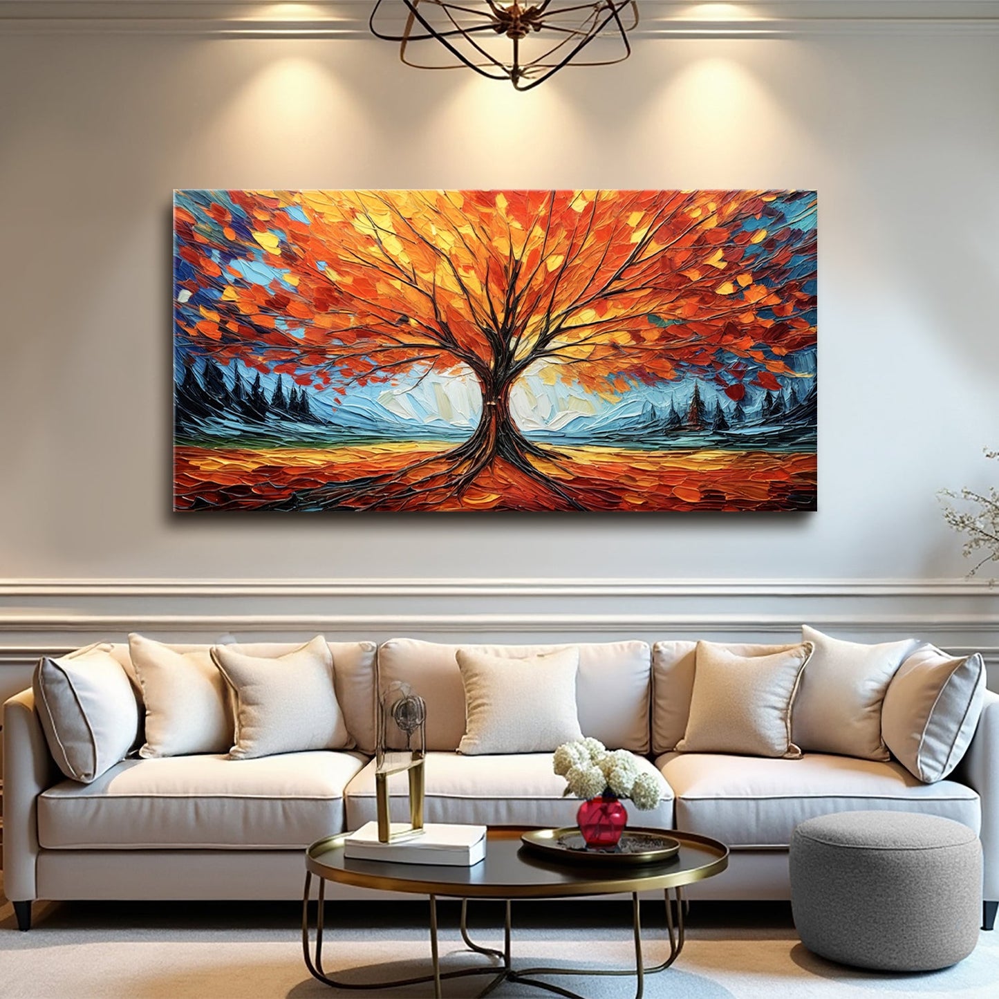 Autumn Fire Wall Art by Tailored Canvases, bold tree with orange leaves against blue sky on Tampa Home & Garden Store