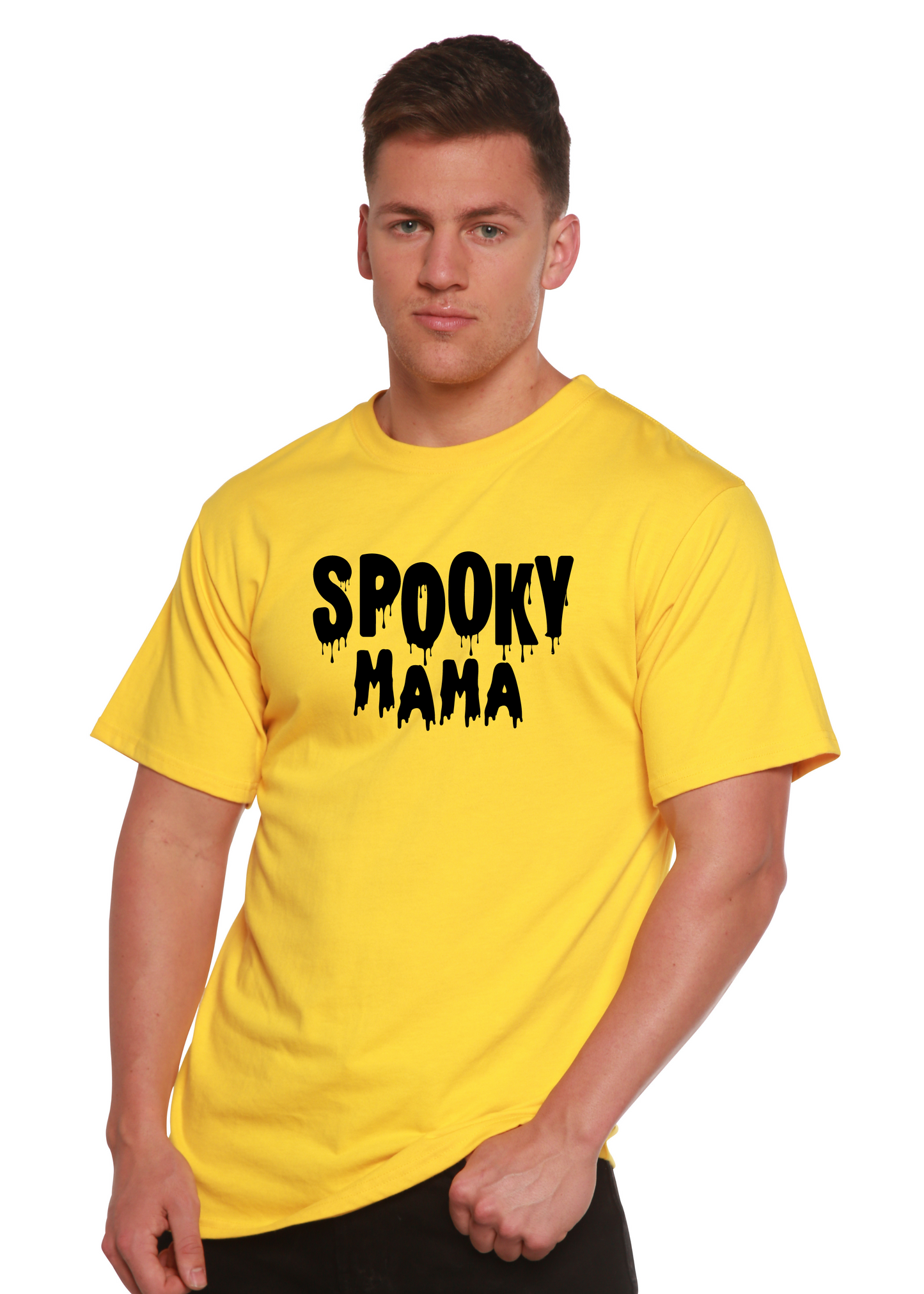 Spooky Mama men's yellow tee with SPOOKY MAMA dripping graphic bamboo viscose/organic cotton on Tampa Home & Garden Store