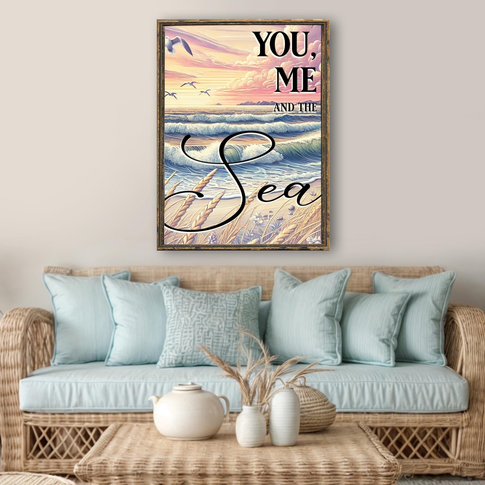 Canvas coastal sign You Me and the Sea by Tailored Canvases with pastel sunset sky and waves on Tampa Home & Garden Store