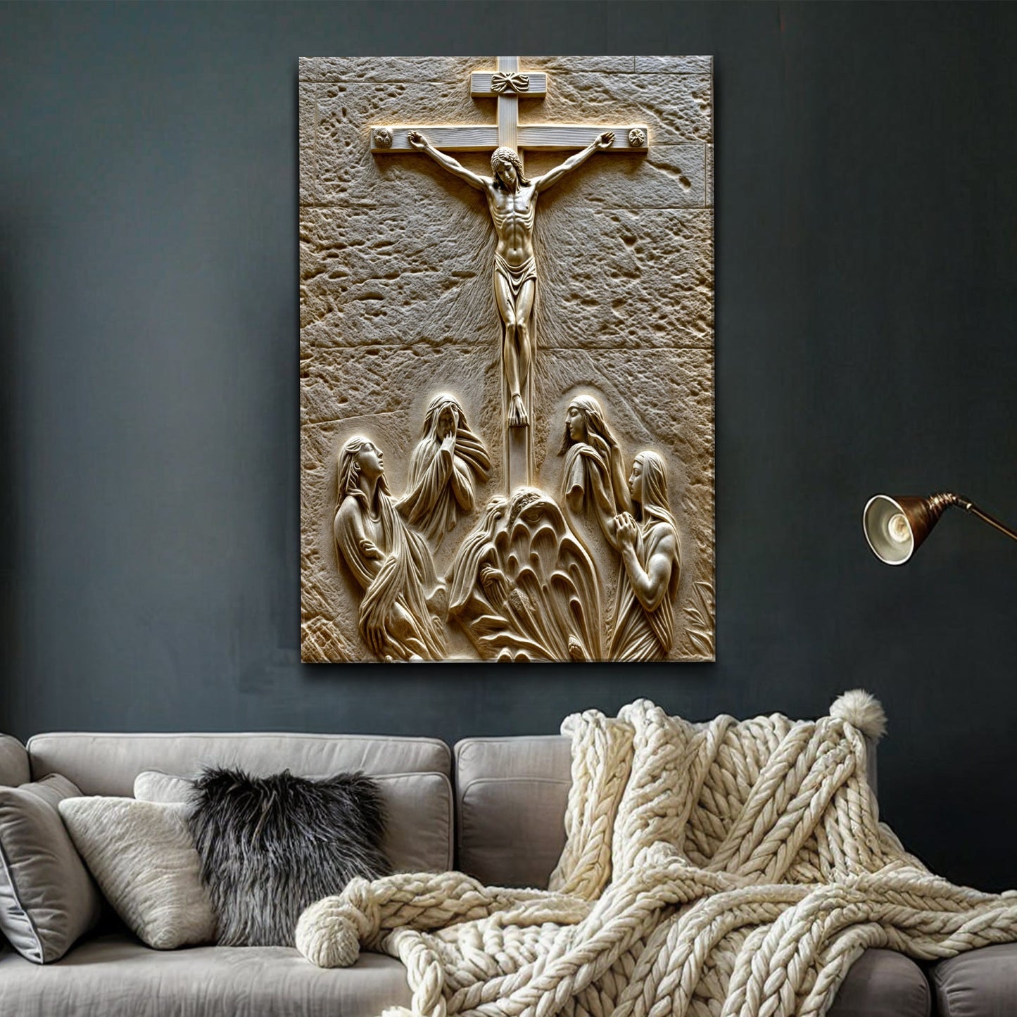 Three Cross Calvary Hill crafting canvas wall art in beige stone finish by Tailored Canvases on Tampa Home & Garden Store