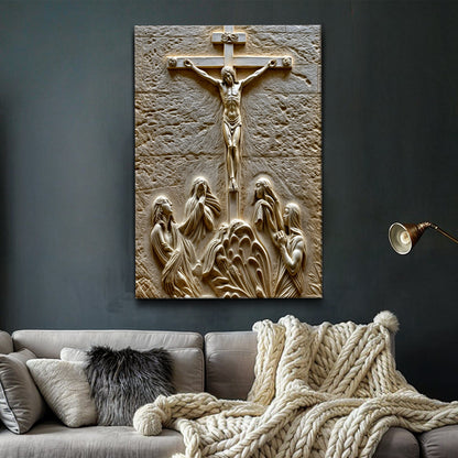 Three Cross Calvary Hill crafting canvas wall art in beige stone finish by Tailored Canvases on Tampa Home & Garden Store