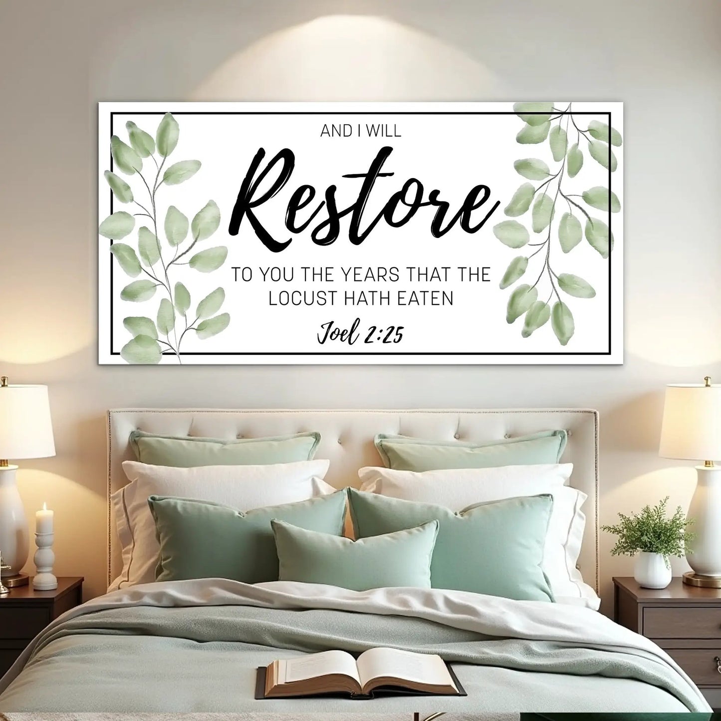 Canvas faith sign by Tailored Canvases with green leafy border and Restore script Joel 2:25 on Tampa Home & Garden Store