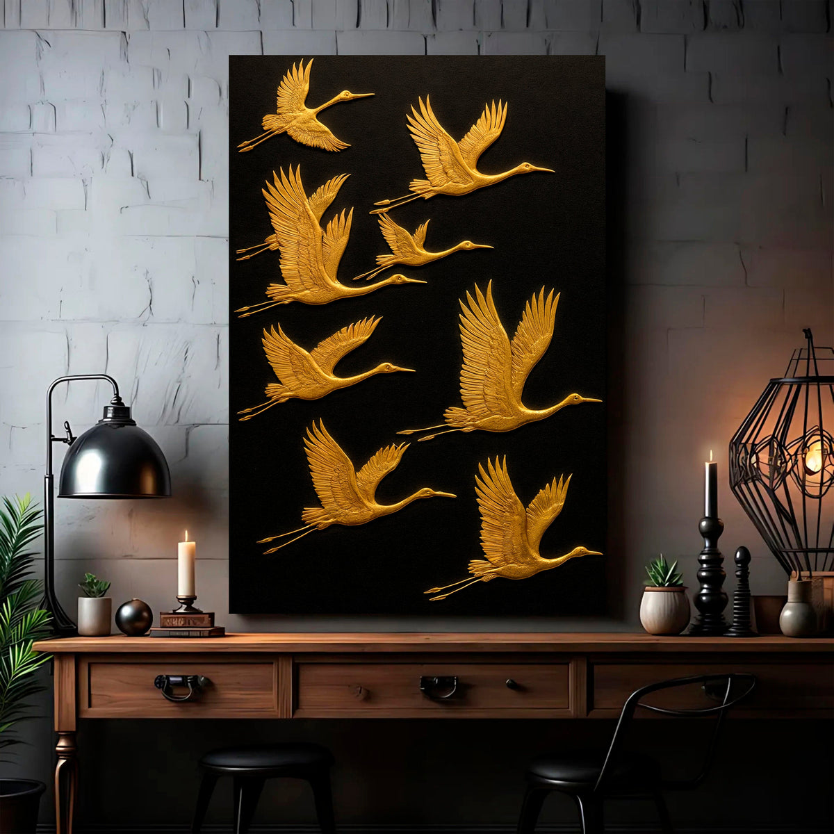 Abstract Sandhill Cranes Canvas Wall Art gold crane silhouettes in flight on black on Tampa Home & Garden Store