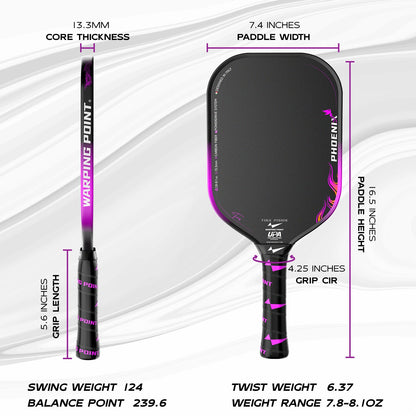 Phoenix pickleball paddle by Warping Point, 13.3mm core, black with purple gradient on Tampa Home & Garden Store