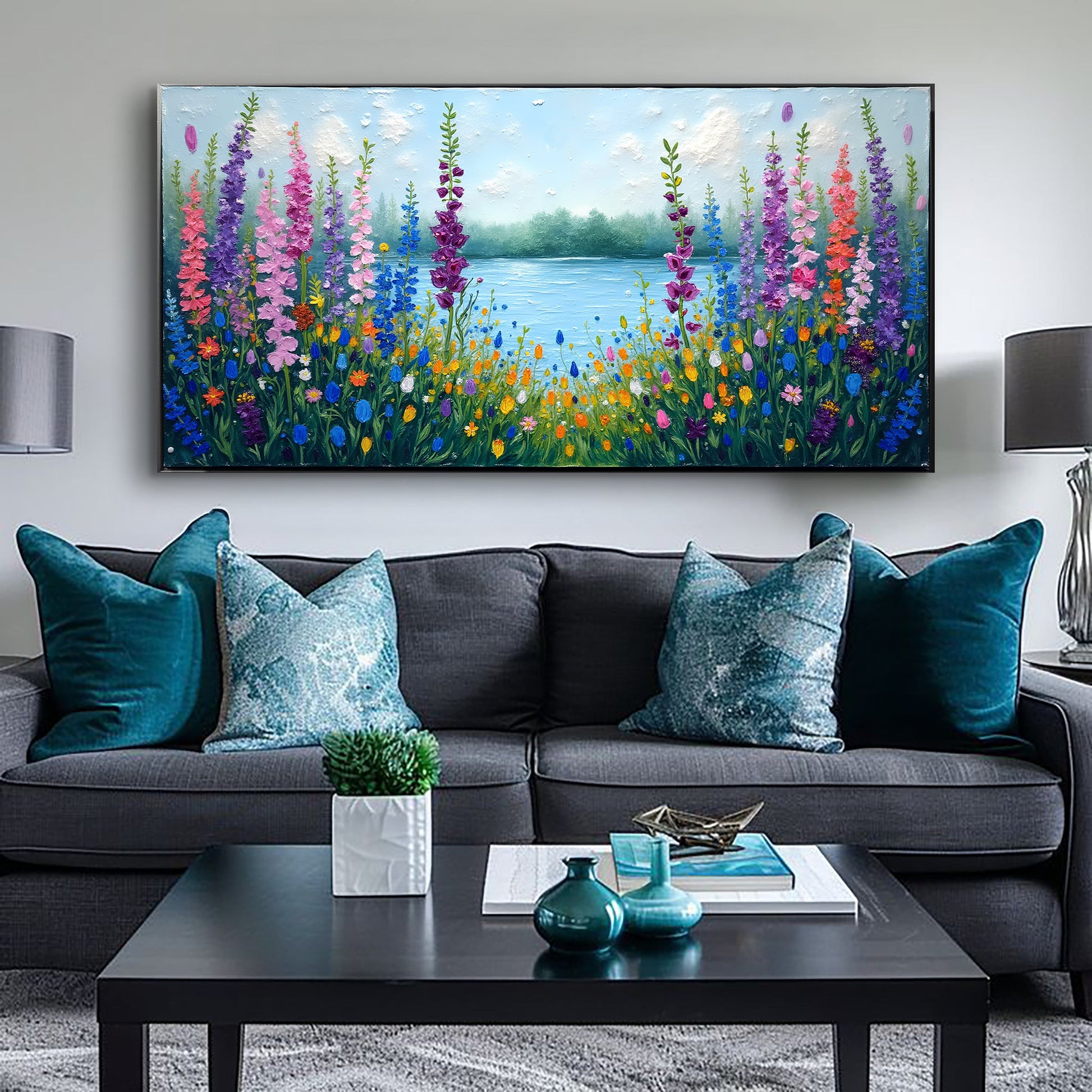 Alphine Meadow Wall Art canvas by Tailored Canvases; vibrant wildflowers by a tranquil lake on Tampa Home & Garden Store