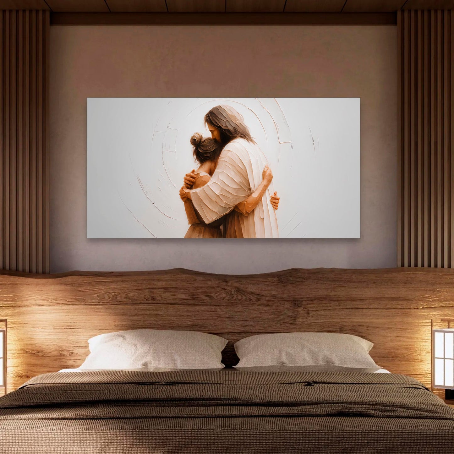 Divine Embrace of Grace Faith Wall Art II canvas by Tailored Canvases, peach-toned embrace scene on Tampa Home & Garden Store