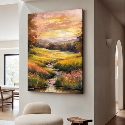 Misty River Wall Art canvas by Tailored Canvases, warm sunset landscape with river and hills on Tampa Home & Garden Store