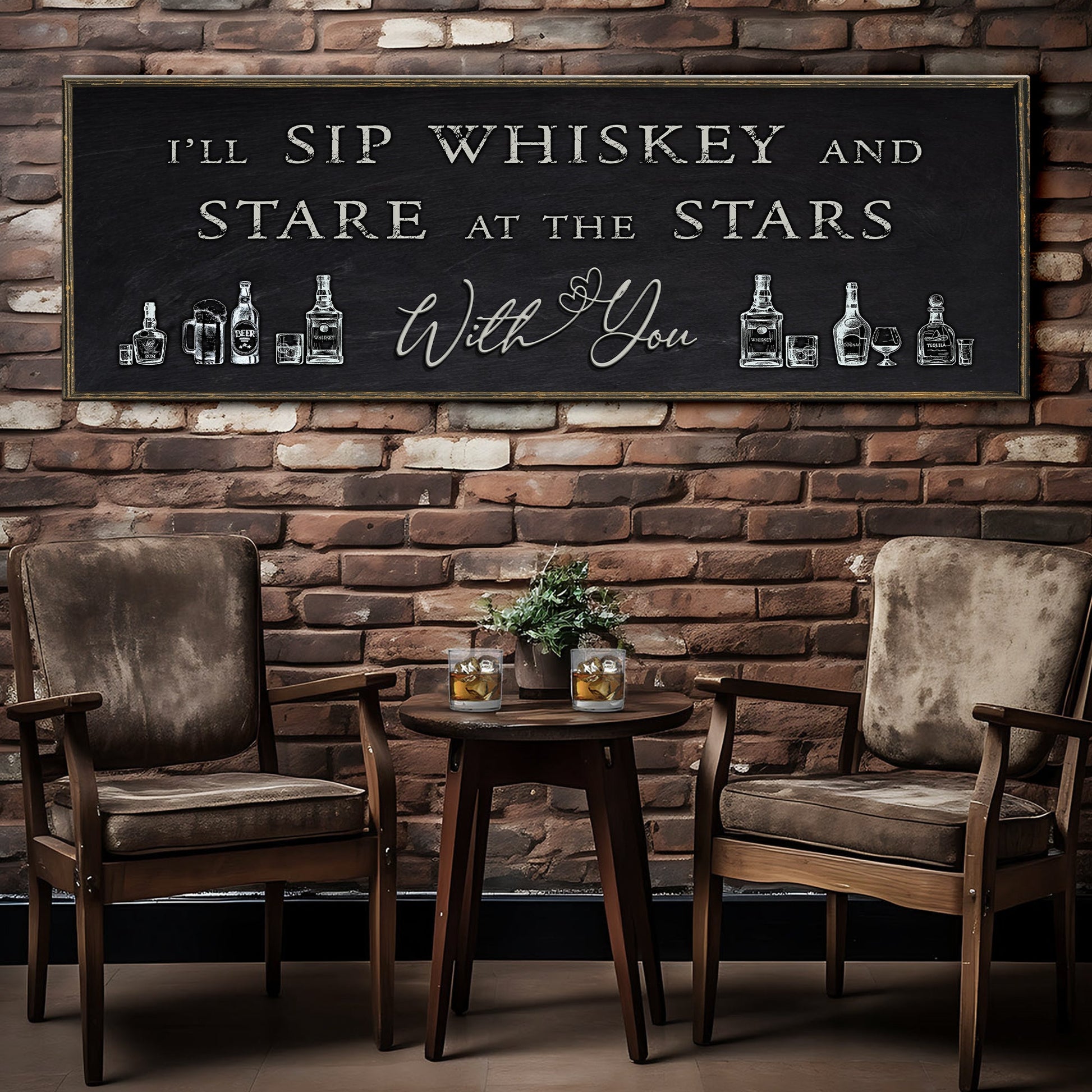 Sip Whiskey With You Bar Sign II canvas by Tailored Canvases with whiskey bottles on brick wall on Tampa Home & Garden Store