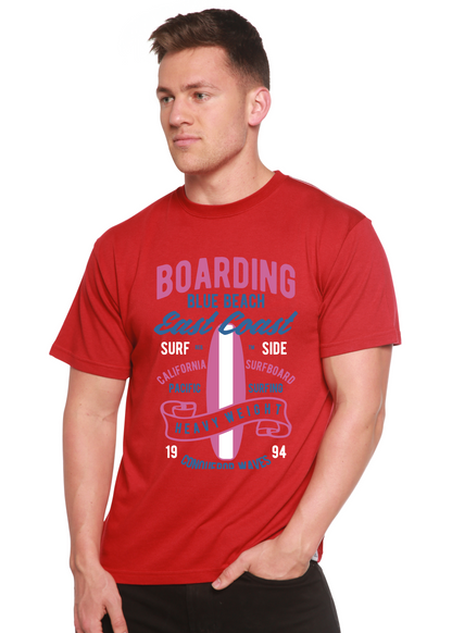 Red Boarding Blue Beach men's graphic tee, bamboo viscose/organic cotton, by Spun Bamboo on Tampa Home & Garden Store