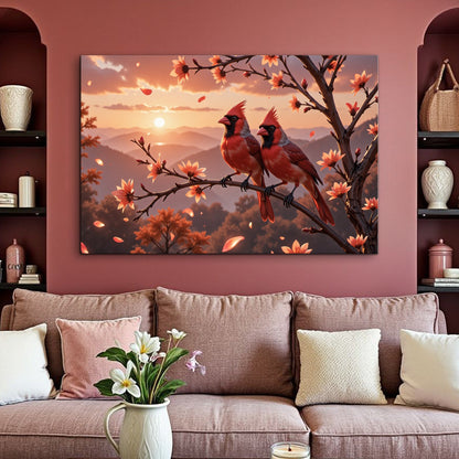 3D Cardinals wall art canvas with two red cardinals on a flowering branch at sunset on Tampa Home & Garden Store