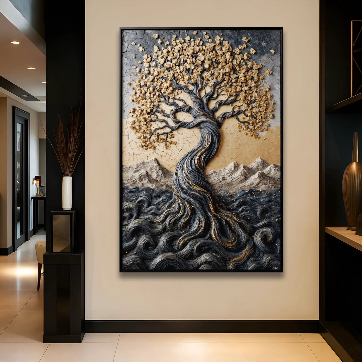 Golden Tree of Life minimalist wall art on canvas by Tailored Canvases with gold leaves on cracked beige-blue background on Tampa Home & Garden Store