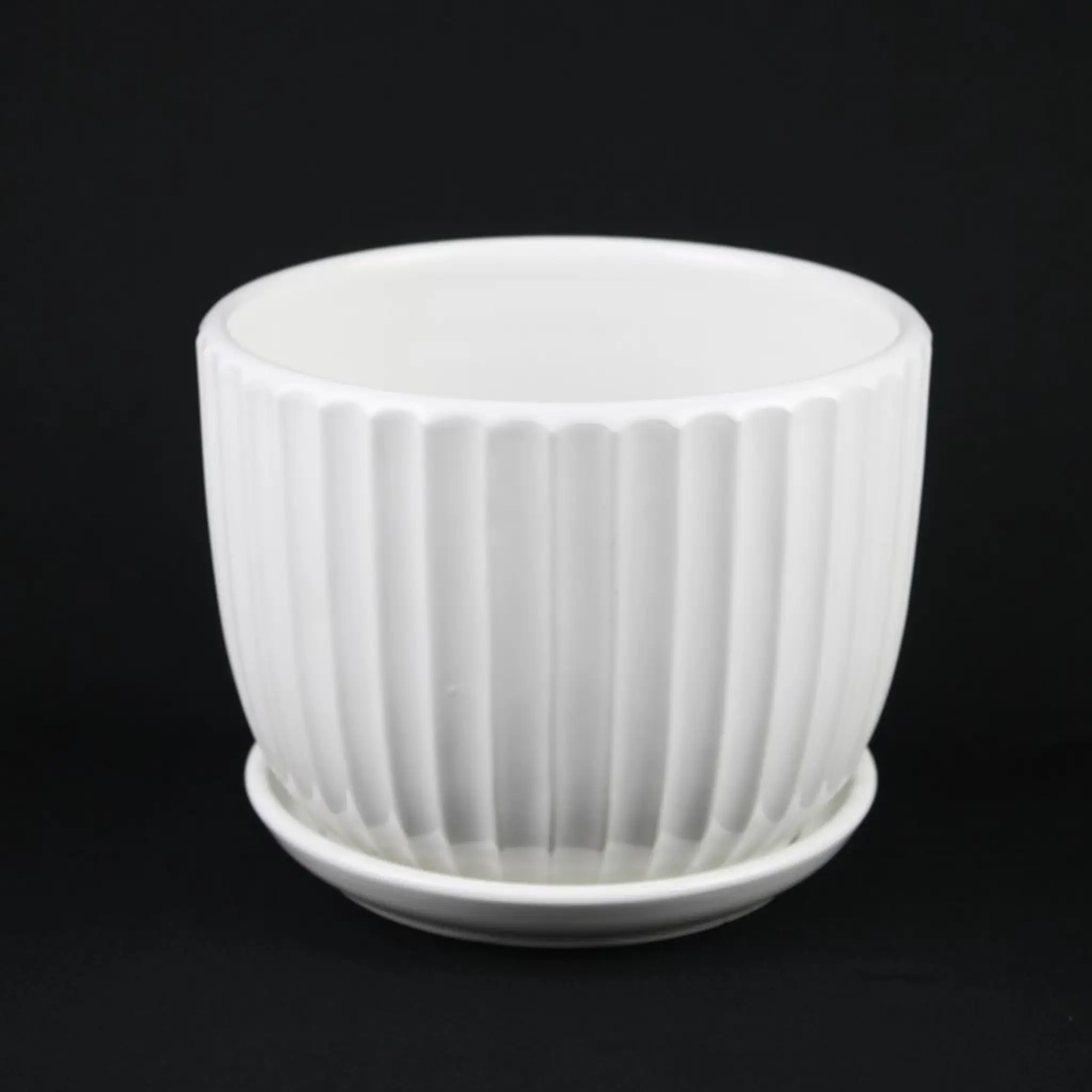 3-piece white ceramic planter pot set with vertical fluted design and matching saucers Florinia on Tampa Home & Garden Store