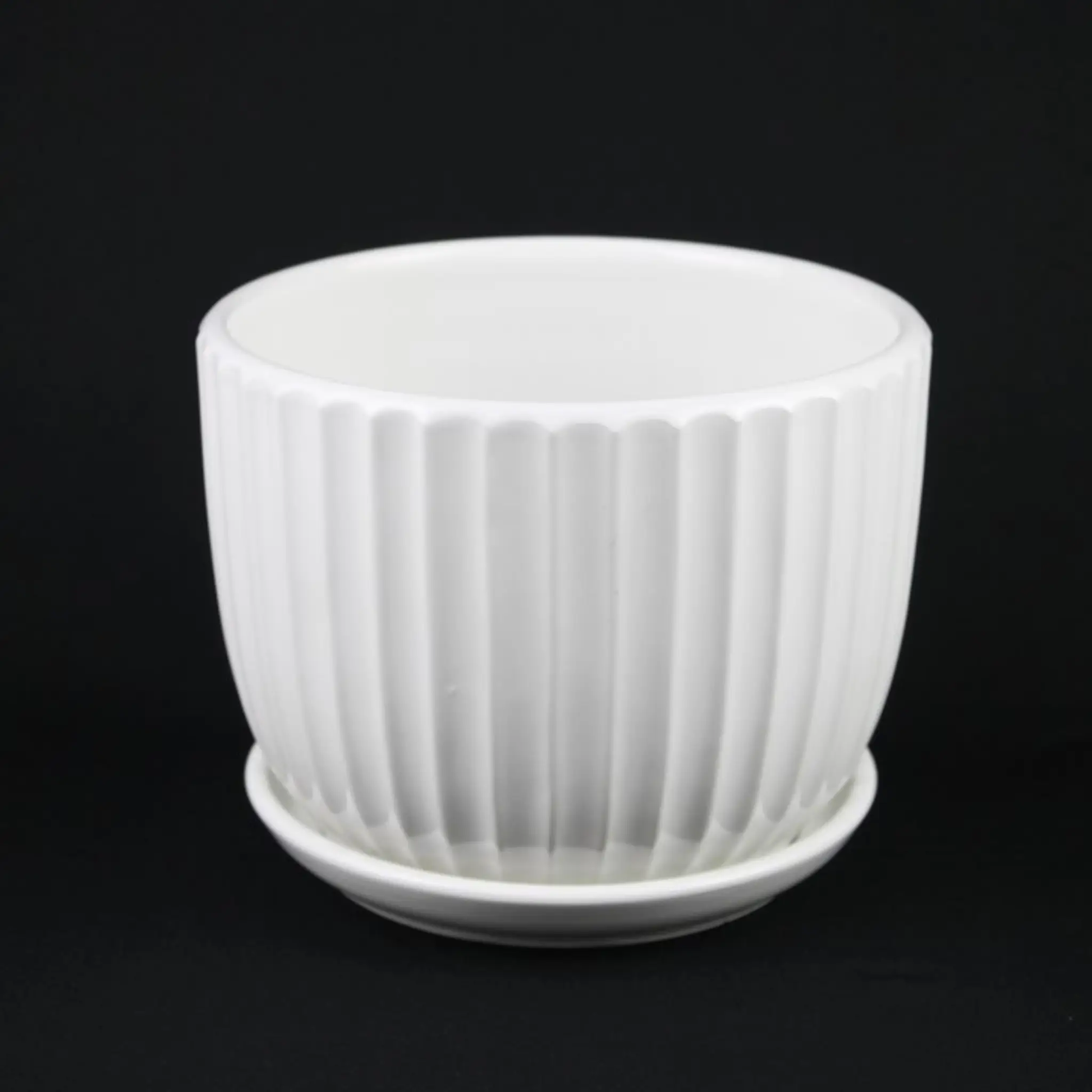 3-piece white ceramic planter pot set with vertical fluted design and matching saucers Florinia on Tampa Home & Garden Store