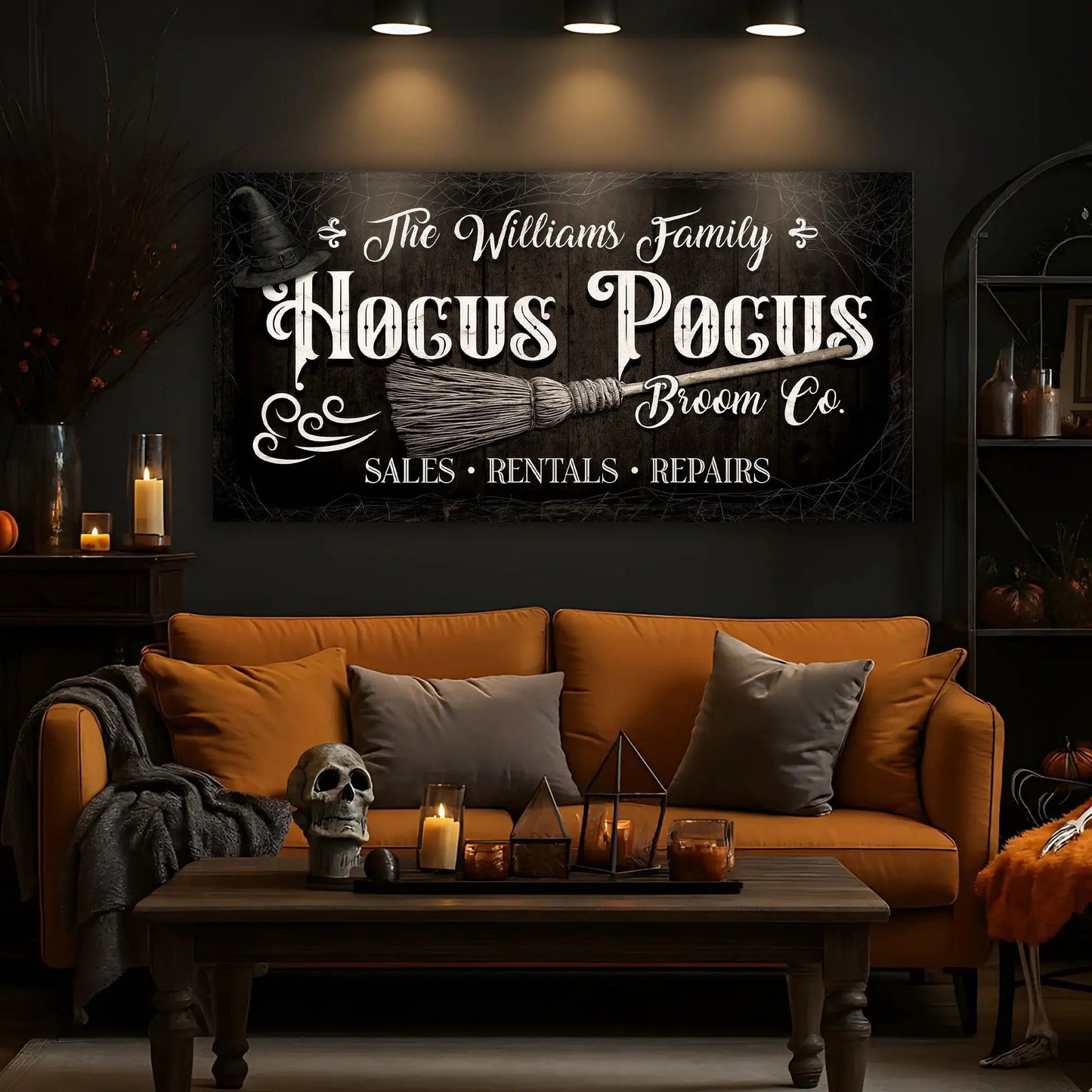 Personalized Hocus Pocus Broom Co wall canvas sign by Tailored Canvases, dark rustic wood look on Tampa Home & Garden Store