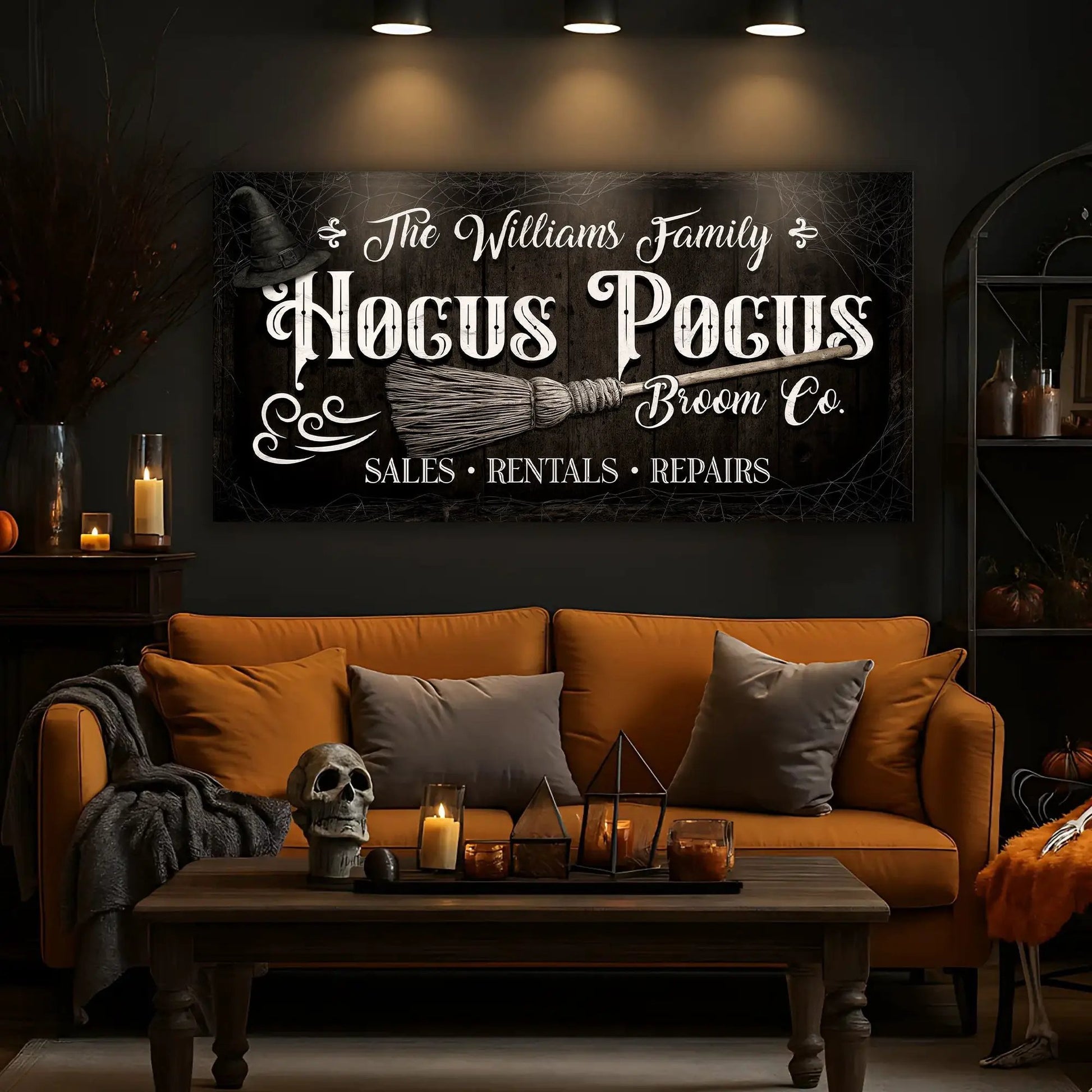 Personalized Hocus Pocus Broom Co wall canvas sign by Tailored Canvases, dark rustic wood look on Tampa Home & Garden Store