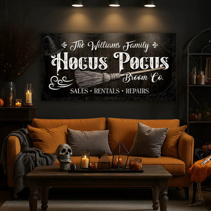 Personalized Hocus Pocus Broom Co wall canvas sign by Tailored Canvases, dark rustic wood look on Tampa Home & Garden Store