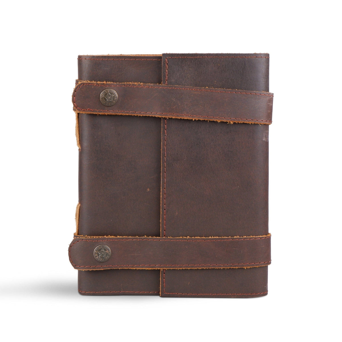 Vintage dark brown leather journal with wrap strap and exposed stitching on Tampa Home & Garden Store