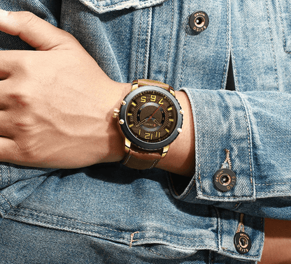 Stevvex men's waterproof sport watch with brown leather strap and large numerals on dial on Tampa Home & Garden Store