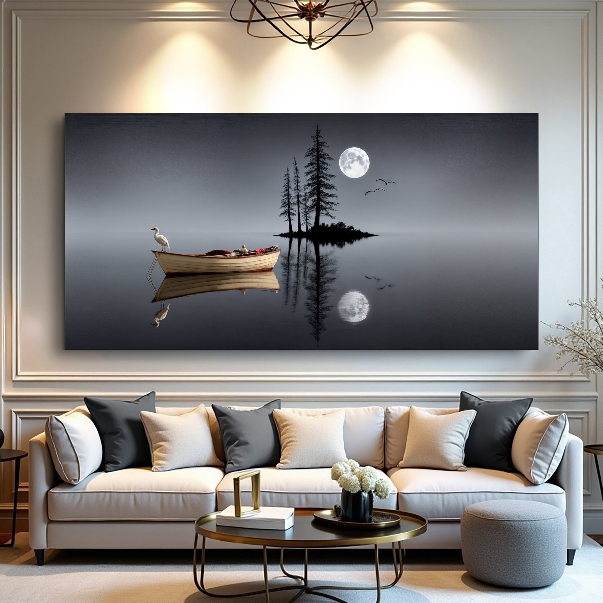 Modern Minimalist Night Lake Canvas wall art with moon, silhouetted pines, small boat and birds on Tampa Home & Garden Store
