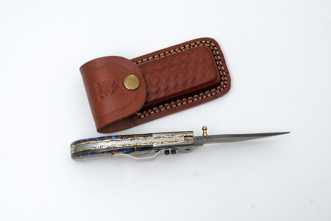 Damascus folding pocket knife with blue resin & burl wood handle, locking blade, Titan TF-073 on Tampa Home & Garden Store
