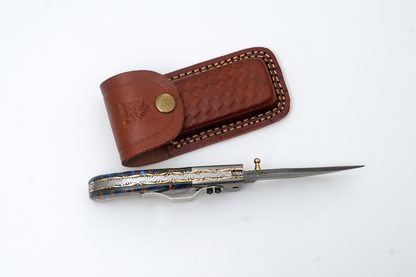 Damascus folding pocket knife with blue resin & burl wood handle, locking blade, Titan TF-073 on Tampa Home & Garden Store