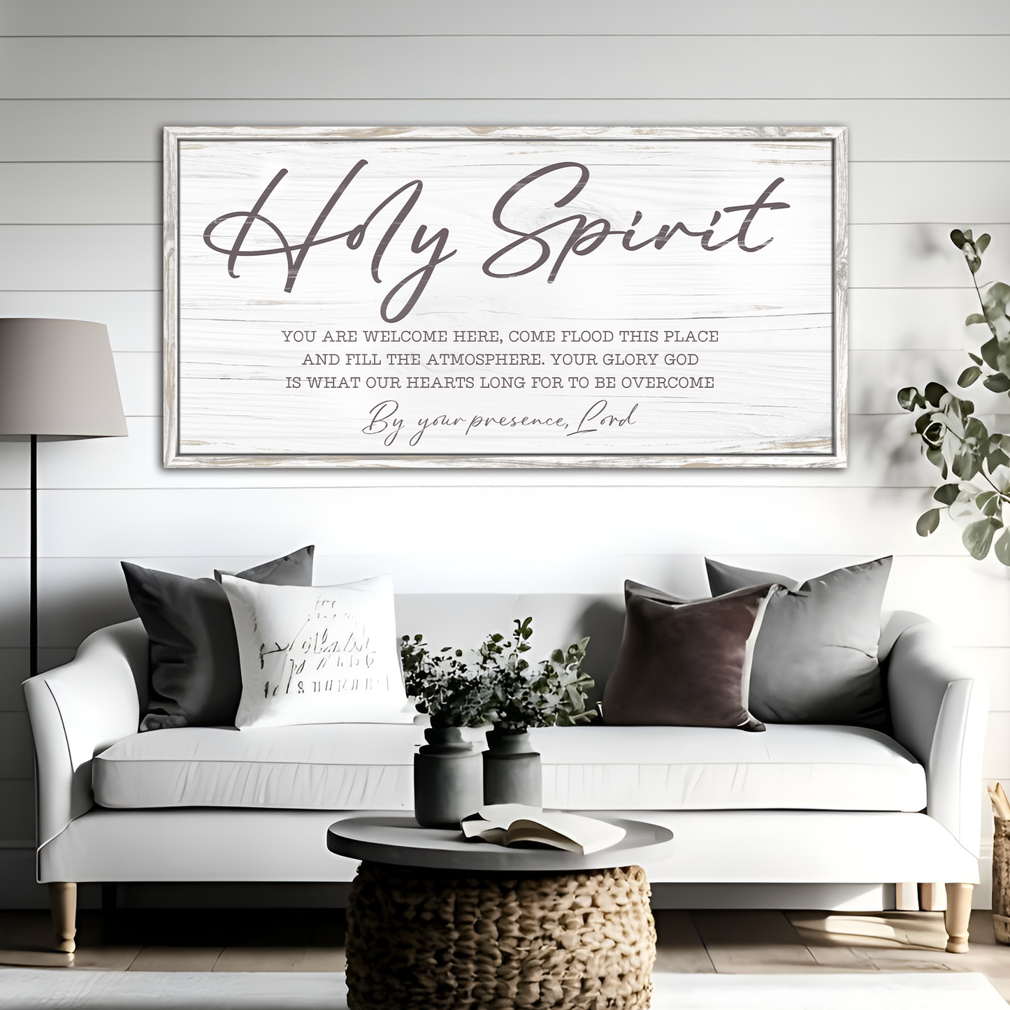 Holy Spirit You Are Welcome Here Faith Sign III canvas wall art with large script text on Tampa Home & Garden Store