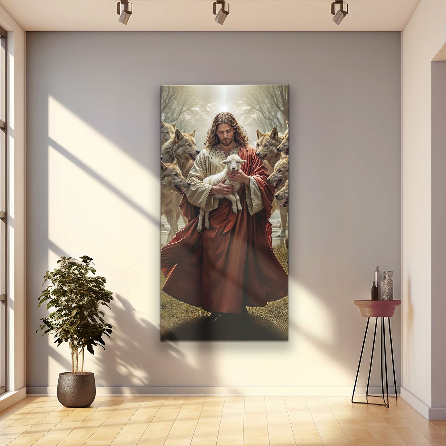 Canvas Jesus Protects The Lamb From Wolves Faith Wall Art VI, Jesus with lamb among wolves on Tampa Home & Garden Store