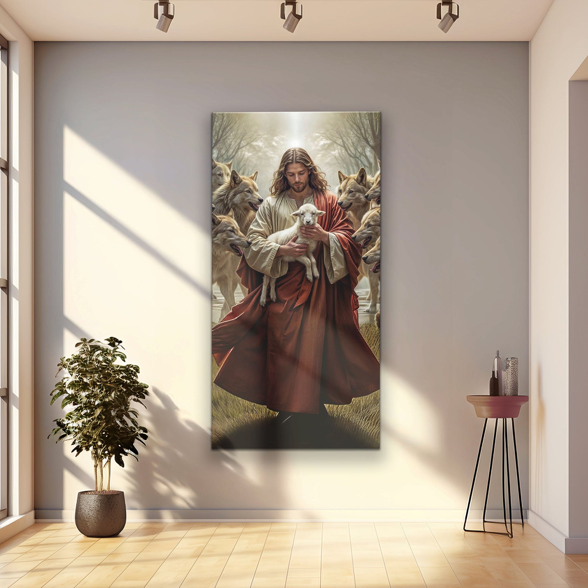 Canvas Jesus Protects The Lamb From Wolves Faith Wall Art VI, Jesus with lamb among wolves on Tampa Home & Garden Store