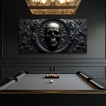 3D Rose and Skull Wall Art VI canvas by Tailored Canvases, metallic skull centerpiece with roses on Tampa Home & Garden Store