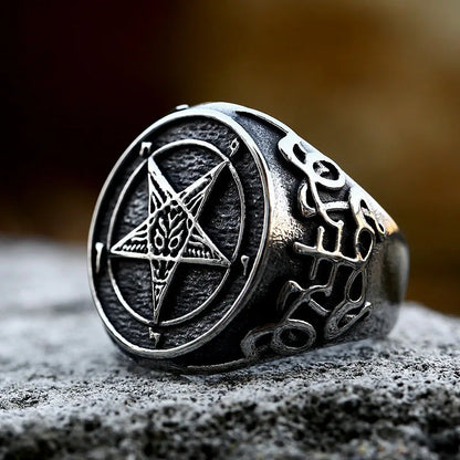 Hellstar Ring by BikerZoneZ, silver-toned metal ring with pentagram skull motif and engravings on Tampa Home & Garden Store