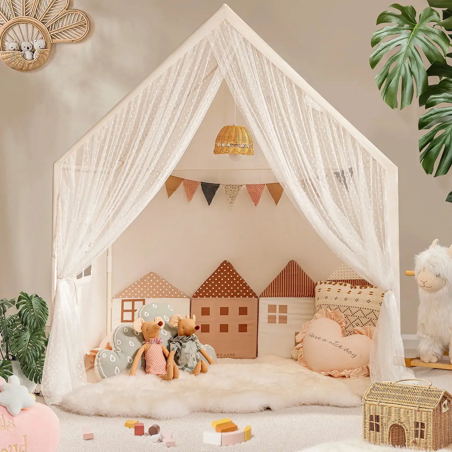Tiny Land INC large cozy kids play tent with sheer curtains and plush cushions inside on Tampa Home & Garden Store