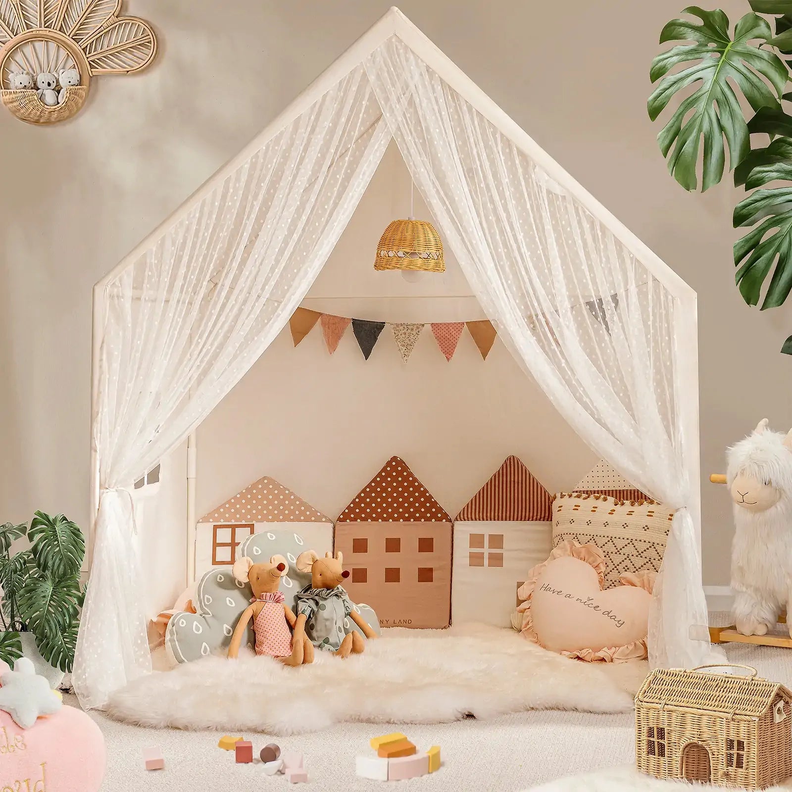 Tiny Land INC large cozy kids play tent with sheer curtains and plush cushions inside on Tampa Home & Garden Store