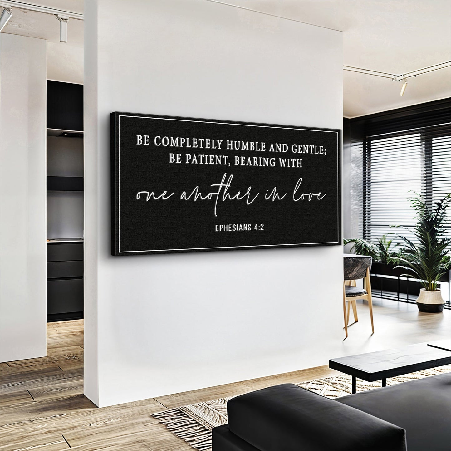 Be Completely Humble And Gentle Faith Sign canvas by Tailored Canvases, black with white text, wall-mounted on Tampa Home & Garden Store
