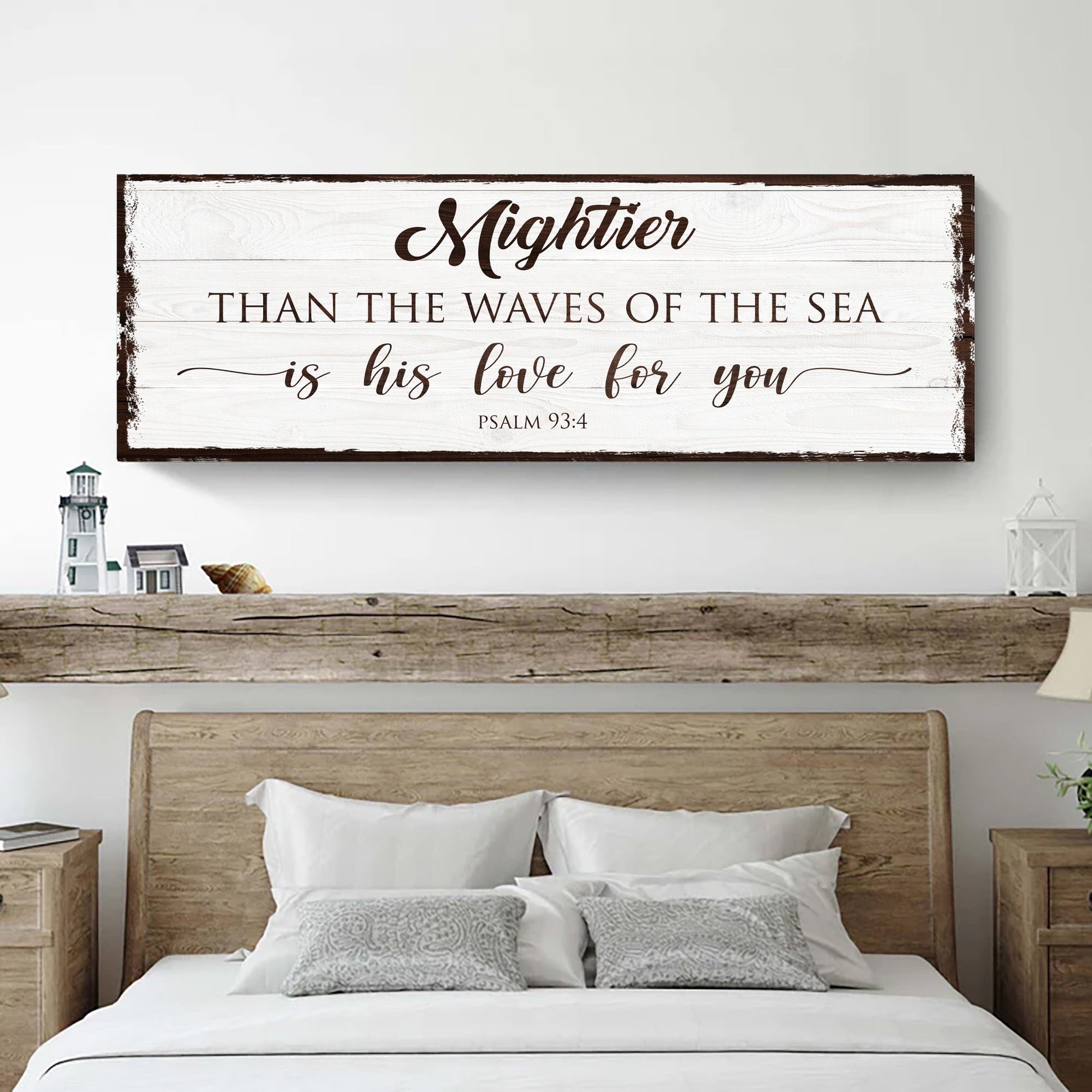 Canvas faith sign Mightier Than Waves of the Sea Psalm 93:4 on white wood with brown edges on Tampa Home & Garden Store