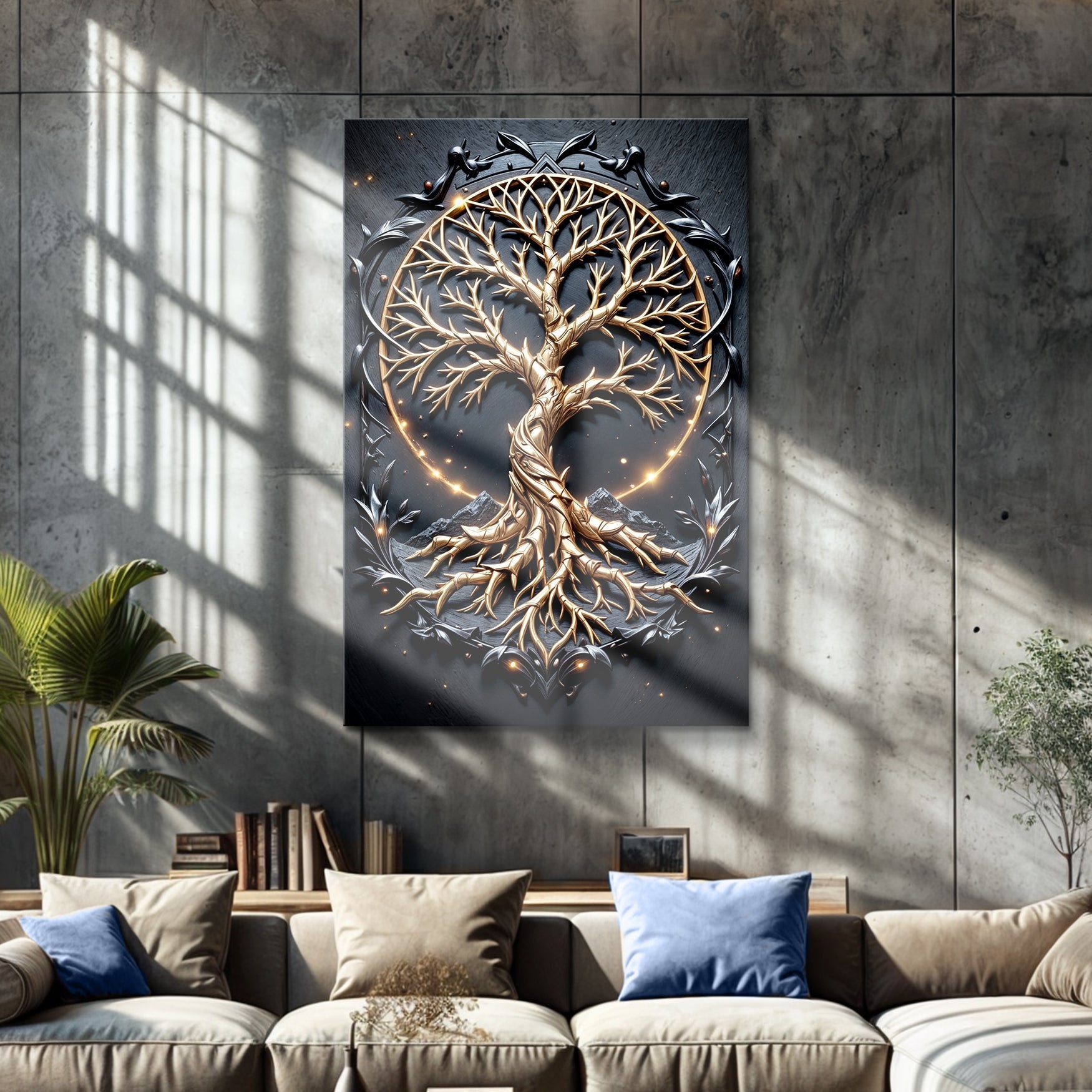 3D Celtic Tree of Life Wall Art II canvas by Tailored Canvases, gold tree on dark gray canvas on Tampa Home & Garden Store