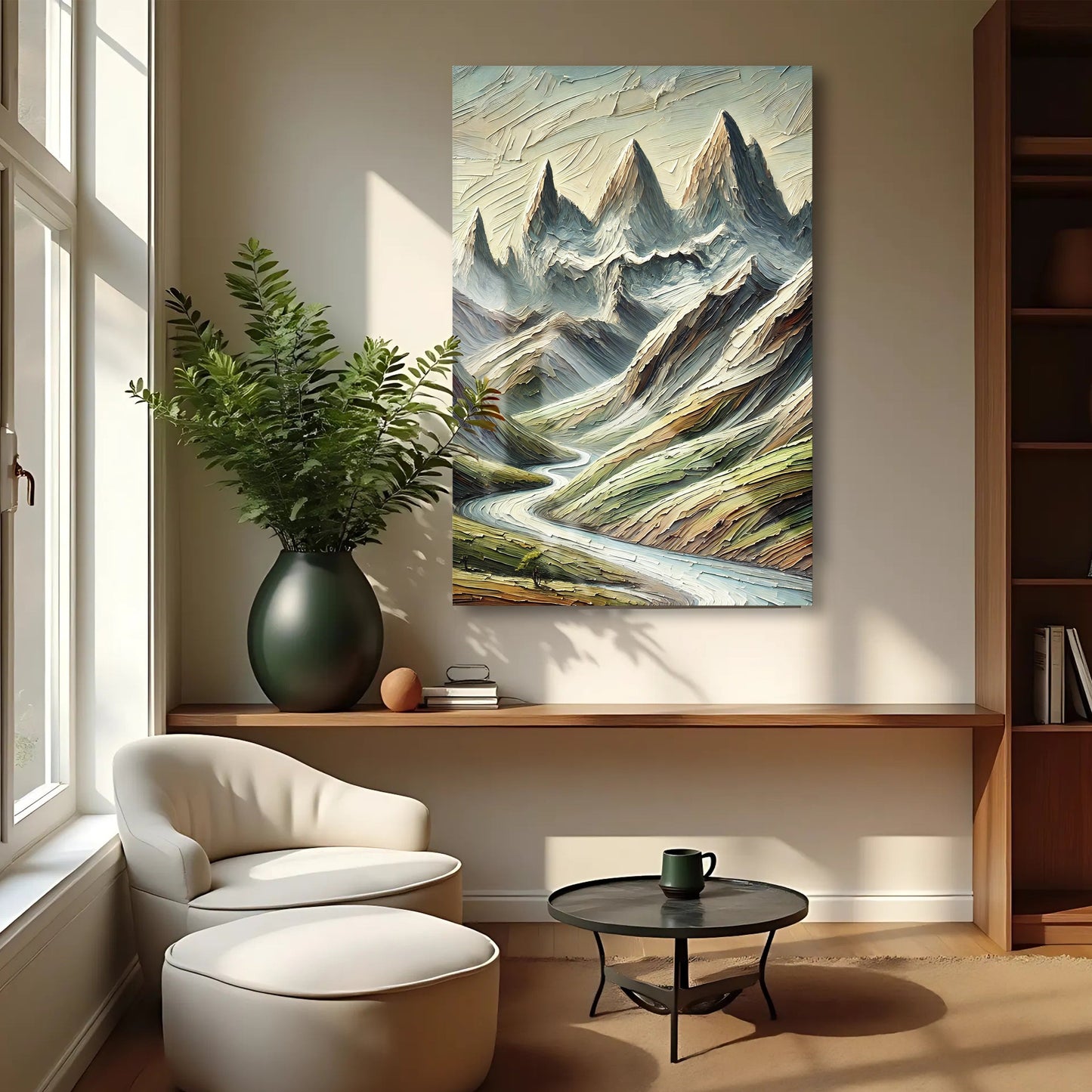 Abstract Mountain and River Landscape Wall Art II canvas by Tailored Canvases; blue-gray peaks on Tampa Home & Garden Store