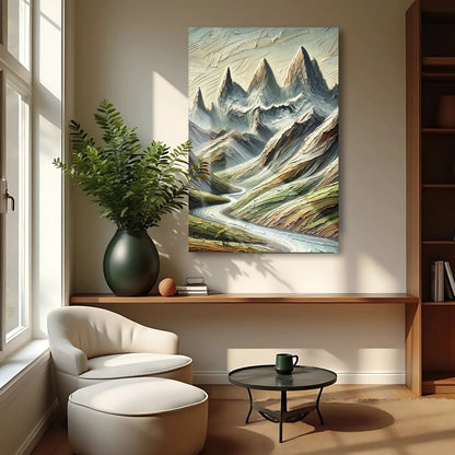 Abstract Mountain and River Landscape Wall Art II canvas by Tailored Canvases; blue-gray peaks on Tampa Home & Garden Store