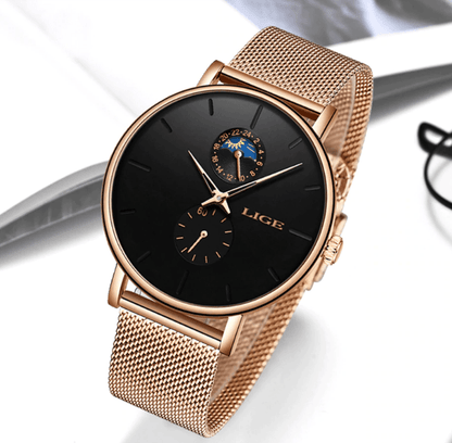 Women's LIGE watch with black dial, rose-gold case, mesh bracelet and dual subdials on Tampa Home & Garden Store