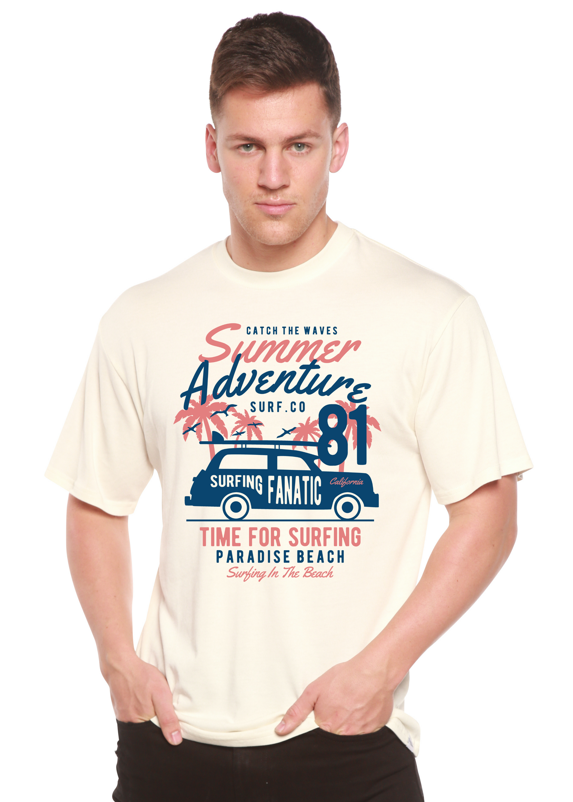 Sammer Adventure Spun Bamboo men's graphic short sleeve tee on cream with palm trees van print on Tampa Home & Garden Store