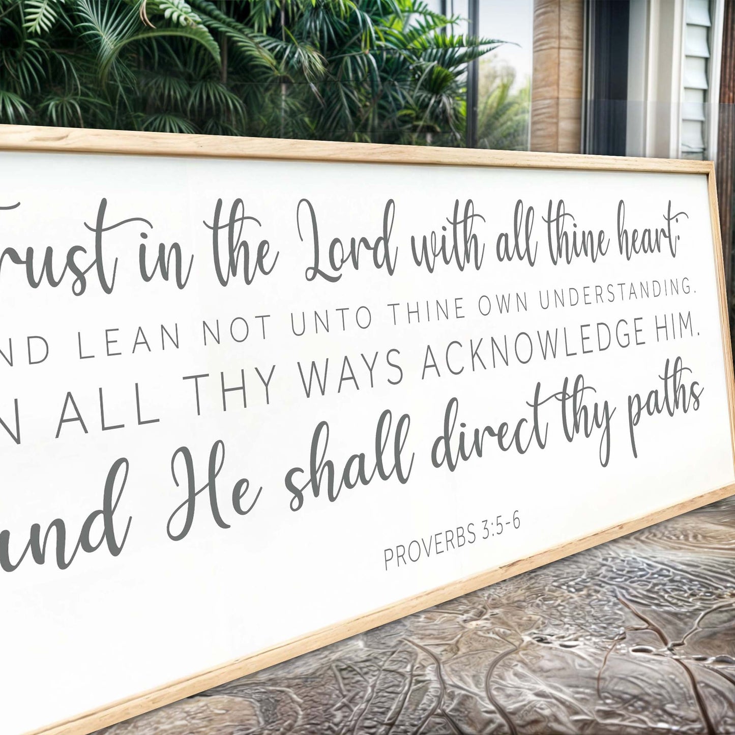 Proverbs 3:5-6 Faith Wall Sign canvas with light wood frame and flowing script typography on Tampa Home & Garden Store