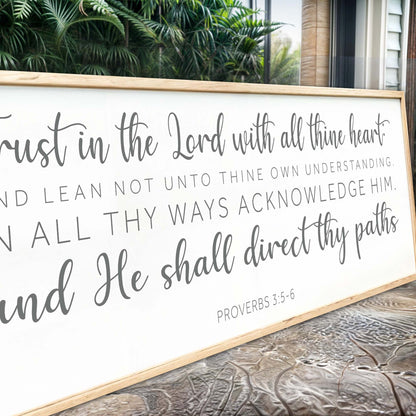 Proverbs 3:5-6 Faith Wall Sign canvas with light wood frame and flowing script typography on Tampa Home & Garden Store