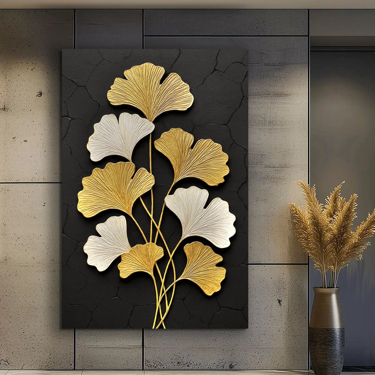 Golden Ginkgo Wall Art canvas by Tailored Canvases with gold ginkgo leaves on black background on Tampa Home & Garden Store
