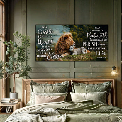 Canvas faith sign John 3:16 with lion artwork on weathered wood backdrop on Tampa Home & Garden Store