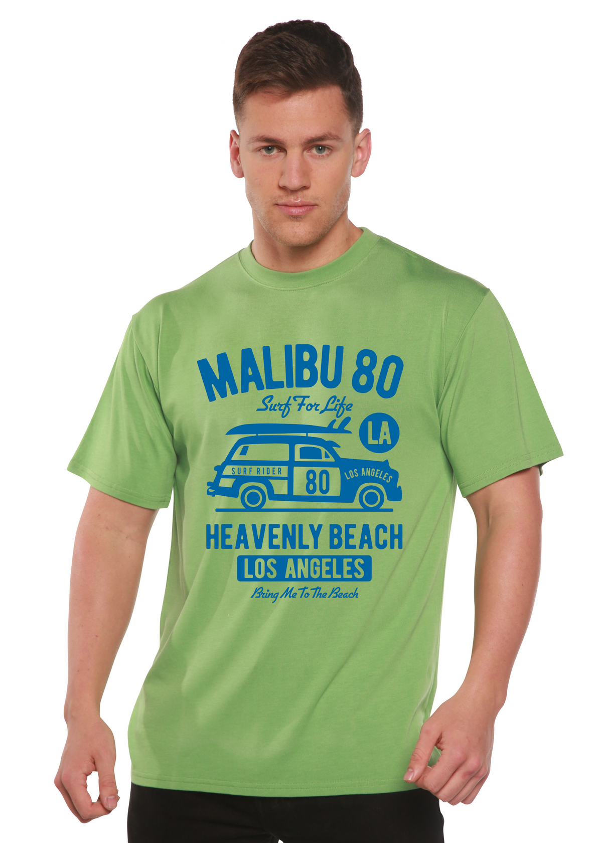 Malibu 80 men's graphic T-shirt lime green with blue van print bamboo viscose/organic cotton on Tampa Home & Garden Store