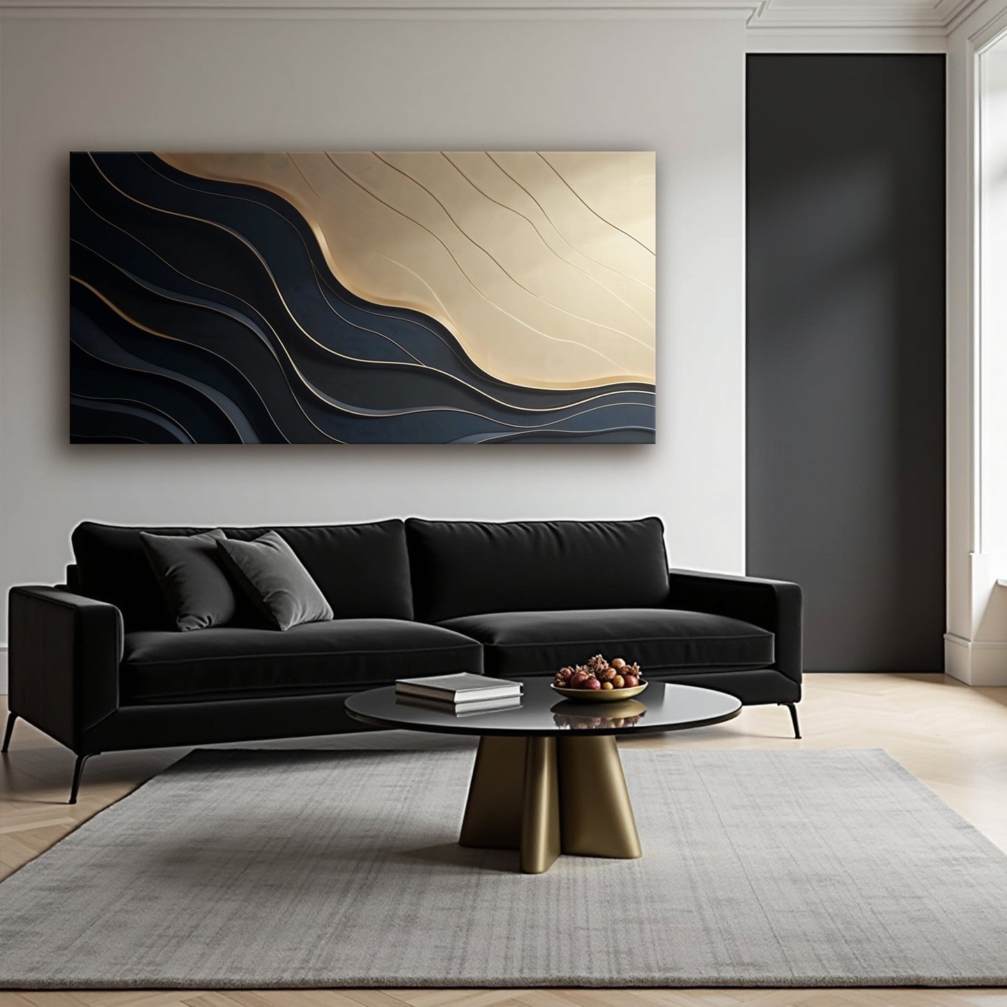 Black And Gold Abstract VII canvas with gold waves on beige gradient Tailored Canvases on Tampa Home & Garden Store