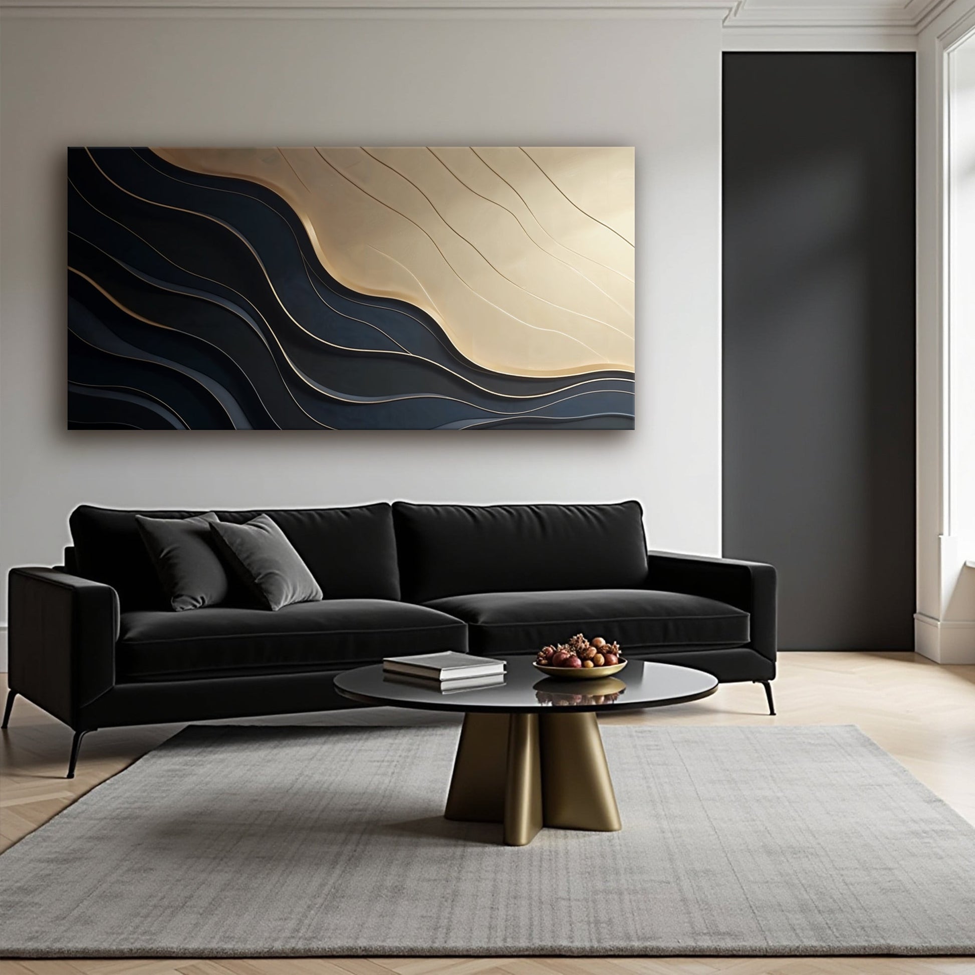 Black And Gold Abstract VII canvas with gold waves on beige gradient Tailored Canvases on Tampa Home & Garden Store