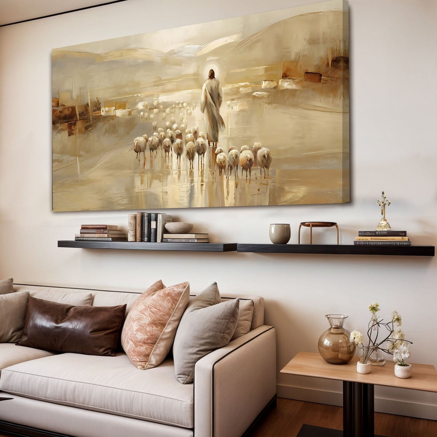 99 Faith Wall Art IX canvas by Tailored Canvases; beige gold tones show shepherd and flock on Tampa Home & Garden Store
